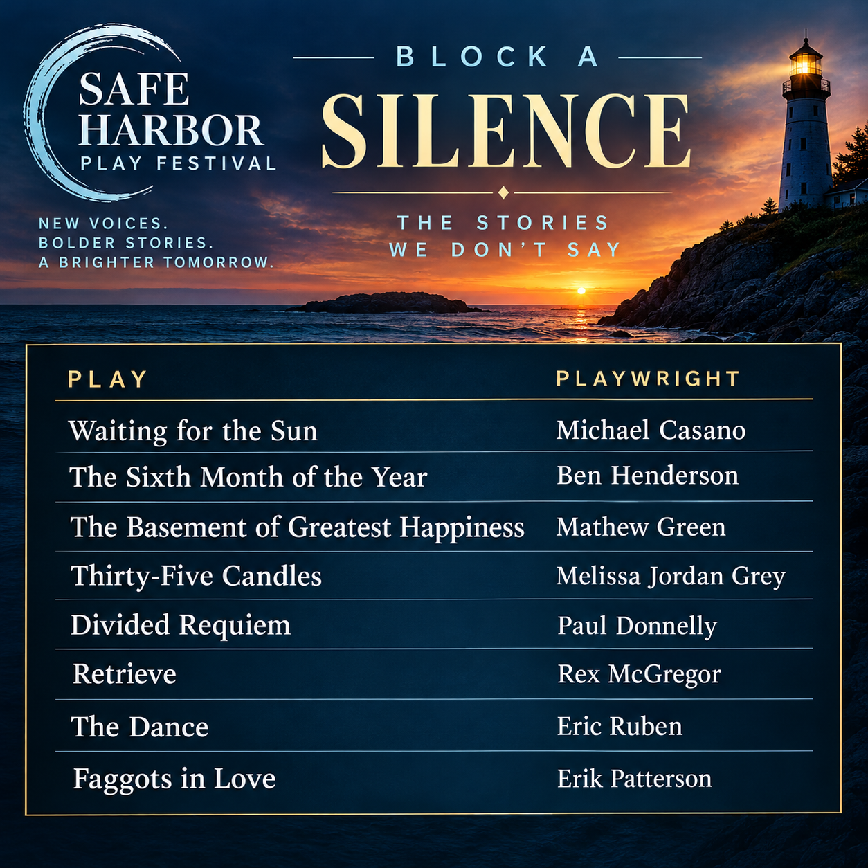 Safe Harbor Play Festival official selections — Block A: Silence