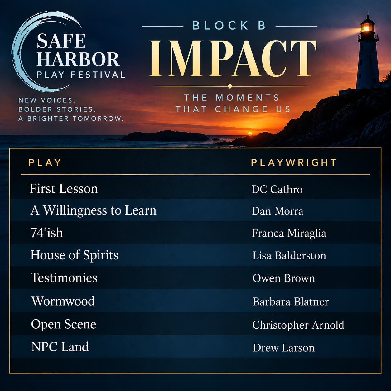 Safe Harbor Play Festival official selections — Block B: Impact
