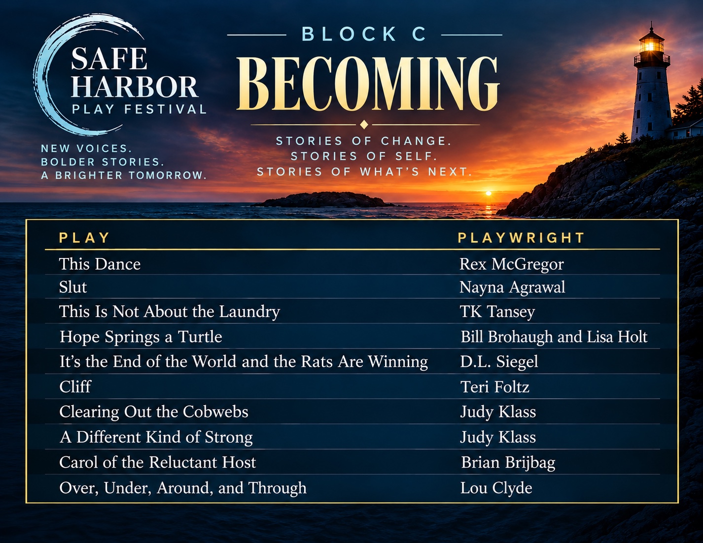Safe Harbor Play Festival official selections — Block C: Becoming
