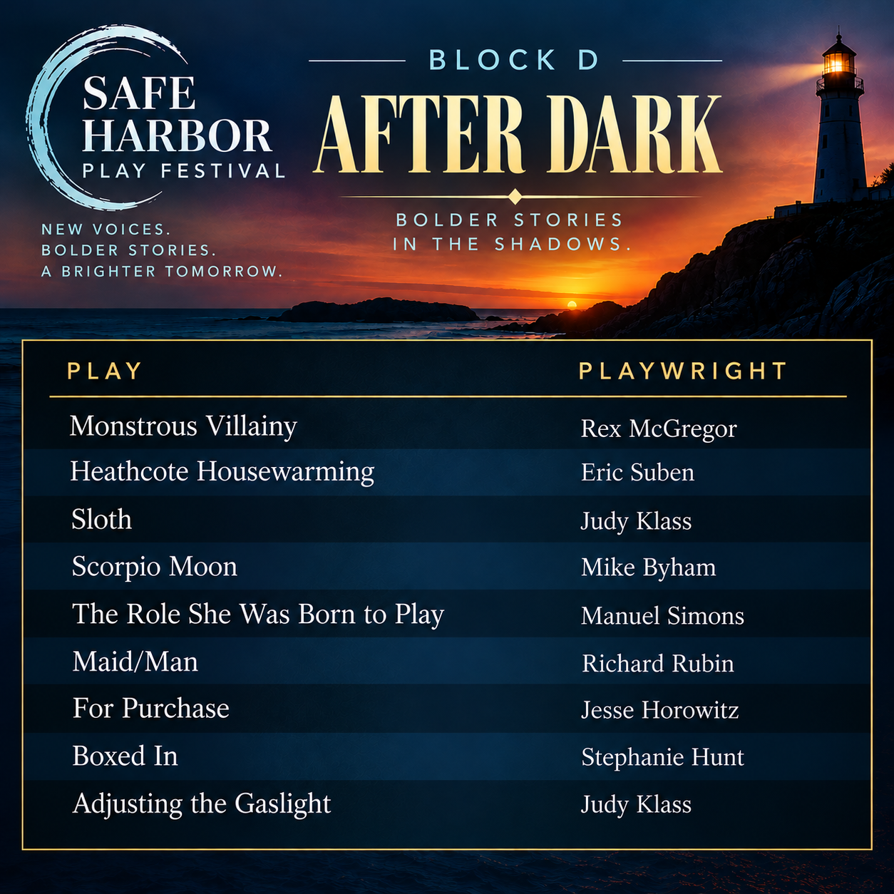 Safe Harbor Play Festival official selections — Block D: After Dark